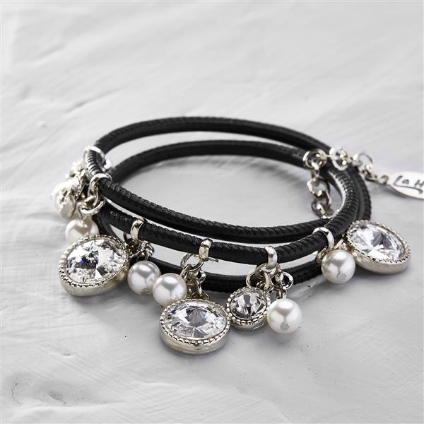 Little black one. Leather bracelet with crystals and pearls