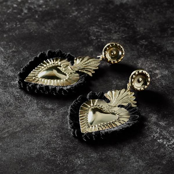 Darkness. Golden Heart Earrings with Black Feather