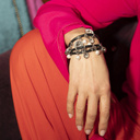 Little black one. Leather bracelet with crystals and pearls