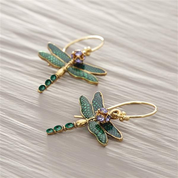 Among flowers. Green dragonfly earrings