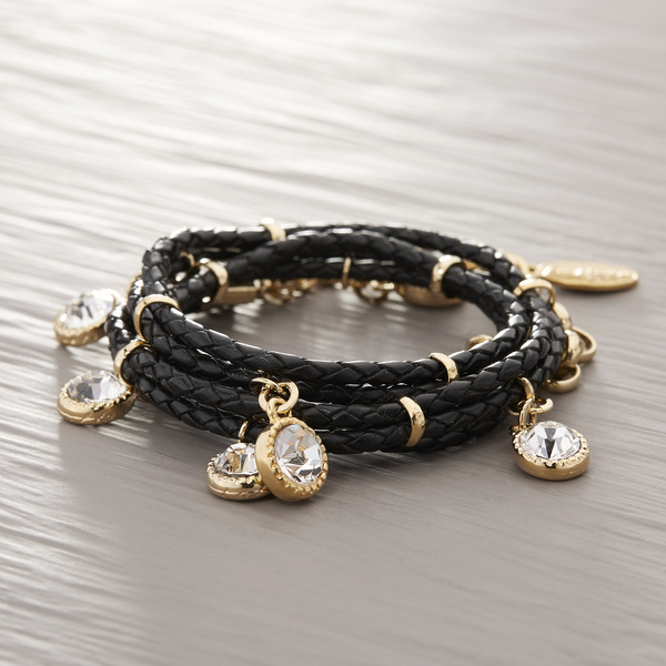 Calmness. Black leather bracelet with crystals