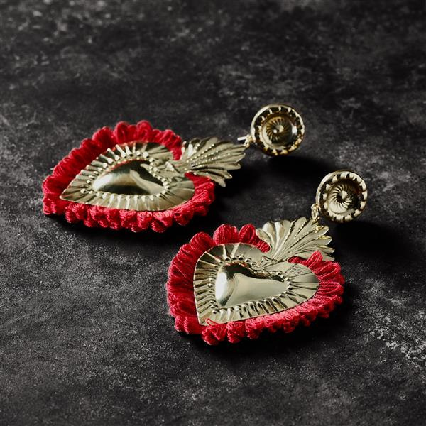 Rose. Golden Heart Earrings with Red Feather